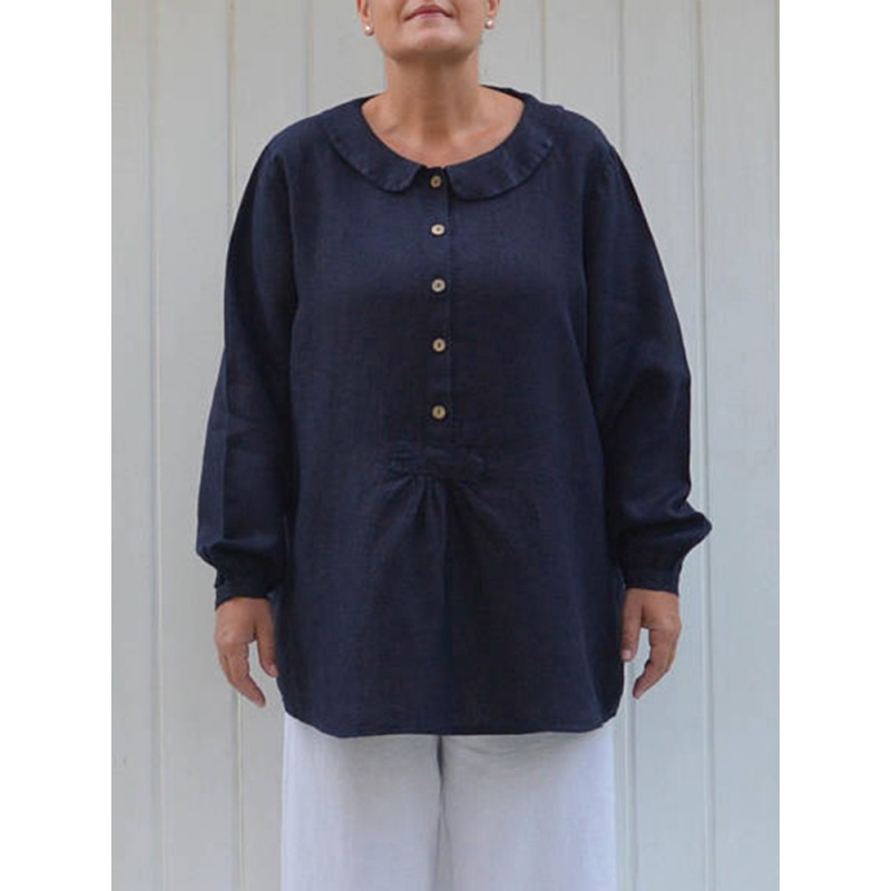Women Vintage Flat Collar Long Sleeves Button Shirts