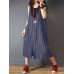 Casual Women Loose Cotton V-Neck Sleeveless Stripe Pockets Dress