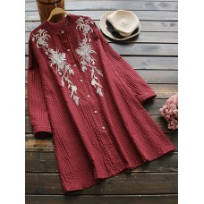 Retro Women Cotton Linen Embroidered Stand Collar Long Sleeve Long Shirts