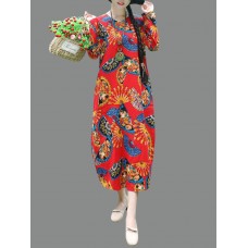 Chinese Style Floral Print Long Sleeve Vintage Dress