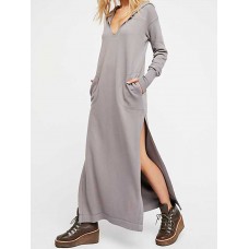 Plus Size V-neck Long Sleeve Side Split Hooded Sweatshirt Dress for Women