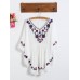Retro Women Folk Style Loose Embroidered Batwing Sleeve Blouse