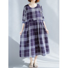 Plus Size Vintage Plaid Patchwork O-Neck Long Sleeve Casual Dress