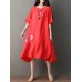 Vintage Women Loose Cotton Linen Embroidered O-Neck Short Sleeve Dress
