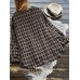 Casual Women Cotton Linen Pleated Plaid Button Irregular Hem Blouse