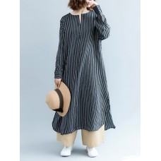 Plus Size Casual Long Sleeve Side Split Stripe Dress For Women
