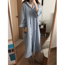 Plus Size Women Casual Loose Solid Color Long Sleeve Shirt Dress
