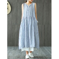 Women Sleeveless Striped V-neck Sundress Retro Long Maxi Dress