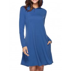 Casual Women Solid Color Hooded Long Sleeve Dress with Pocket