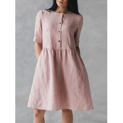 S-5XL Vintage O-Neck Short Sleeve Button Pockets Cotton Linen Mini Dress