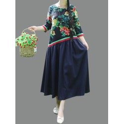 Vintage Print Patchwork Chinese Style Linen Cotton Dress