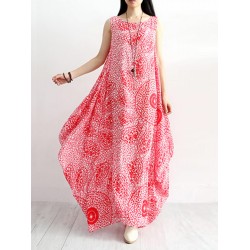Casual Women Cotton Loose Floral Print Round Neck Sleeveless Maxi Dress with Pockets