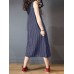 Casual Women Loose Cotton V-Neck Sleeveless Stripe Pockets Dress