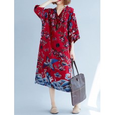 Women Vintage Chinese Style V-neck Half Sleeves Loose Dress