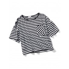 Women Loose Striped Cotton Short Sleeve Crew Neck T-Shirts with Pocket