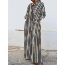 Women 3/4 Sleeve Striped Casaul Oversized Maxi Kaftan Long Shirt Dress