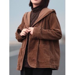 Women Retro Pure Color Hooded Long Sleeve Corduroy Short Coats With Pockets