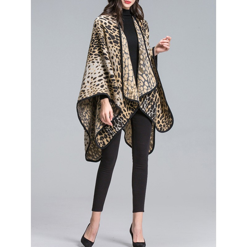 Elegant Leopard Printed Patchwork Shawl Loose Cloak Cardigans for Women