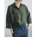 Women Turndown Collar 3/4 Sleeve Loose Solid Blouse
