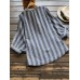 Casual Women Cotton Striped Stand Collar Button Long Sleeve Blouse