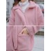 Women Fluffy Causal Pink Fleece Long Sleeve Zipper Pockets Coats