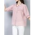 Casual Women Loose Cotton O-Neck Half Sleeve Button Blouse