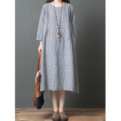 Women Casual Long Sleeve Plaid Mid-long Dress with Pockets