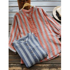 Casual Women Cotton Striped Stand Collar Button Long Sleeve Blouse